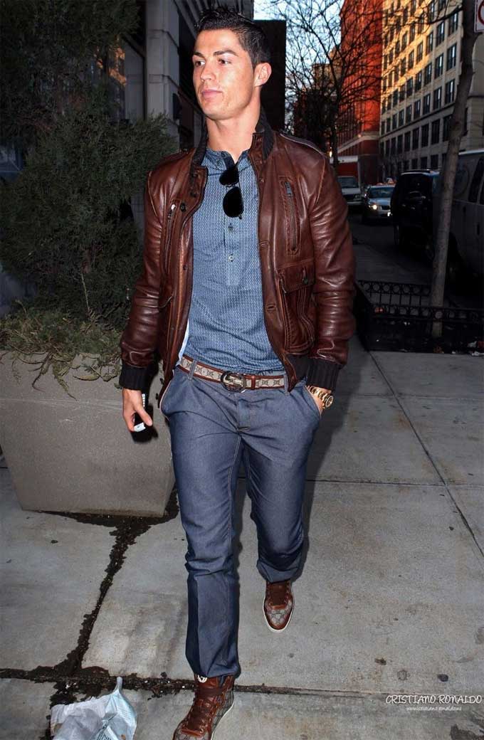 Cristiano Ronaldo Mens Casual Bomber Brown Leather Jacket